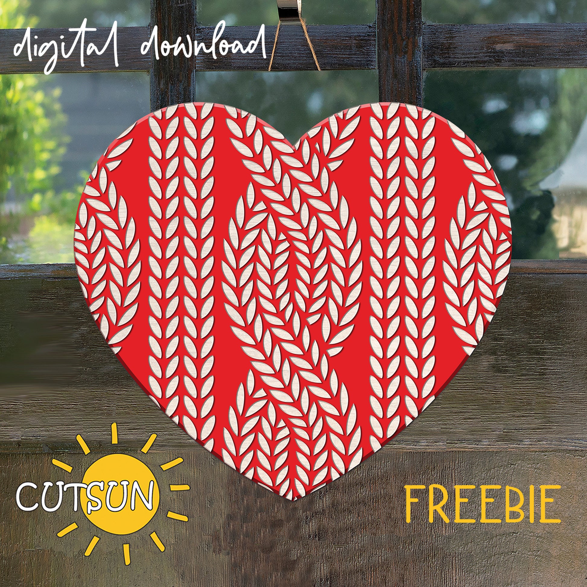 Knitted heart door hanger SVG freebie for laser cutting, featuring an intricate knit pattern – perfect for Valentine’s Day or wedding décor.