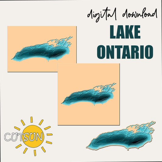 Digital download for Lake Ontario with water splash design on a beige background, featuring the brand 'CUTSUN'.