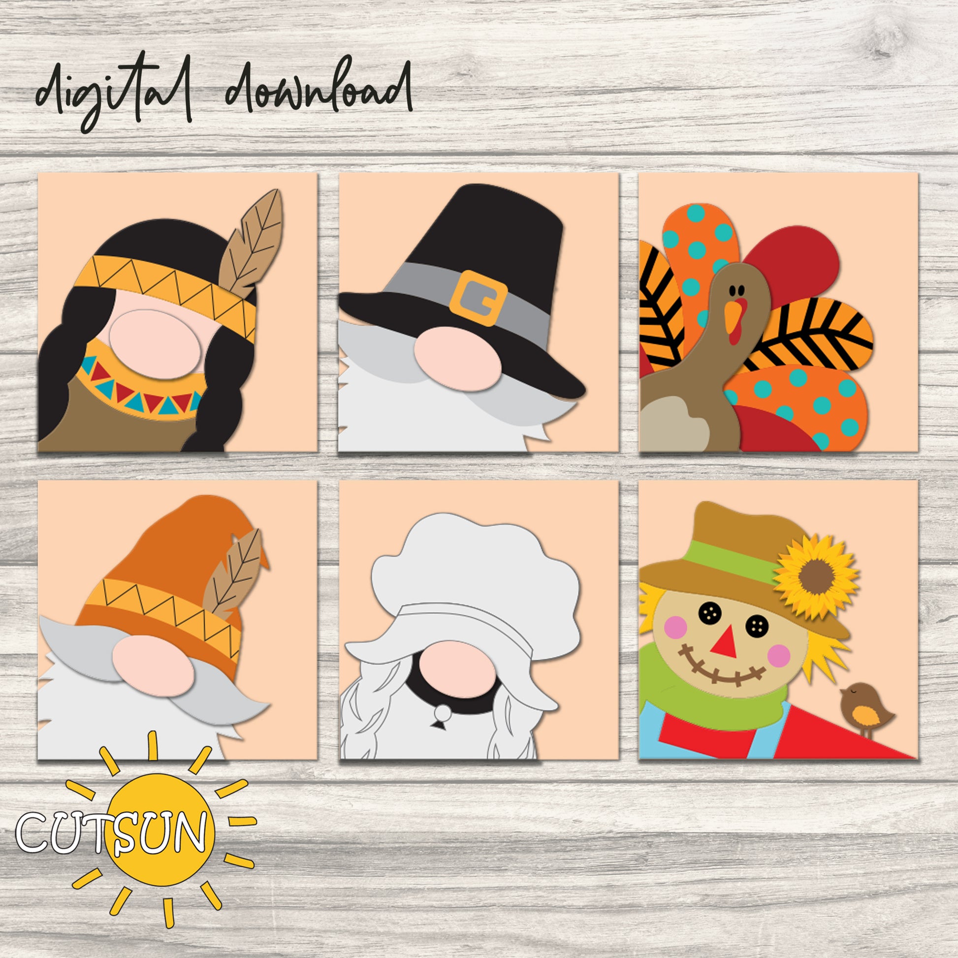 A set of six square-shaped digital download illustrations featuring fall-themed characters such as gnomes, a scarecrow, and a turkey, with a wooden background texture.