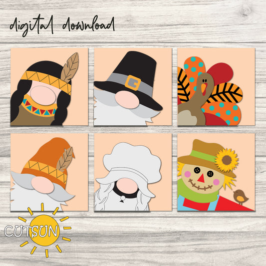 A set of six square-shaped digital download illustrations featuring fall-themed characters such as gnomes, a scarecrow, and a turkey, with a wooden background texture.