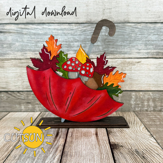 Fall-themed umbrella shelf sitter SVG add-on with red mushrooms, colorful autumn leaves, and acorns – laser cut file for seasonal decor