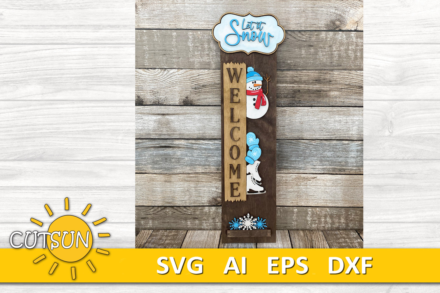 Let It Snow Snowman Porch Sign SVG | Interchangeable Vertical Leaner | Winter Welcome Sign SVG | Snowflake SVG | Laser Cut File