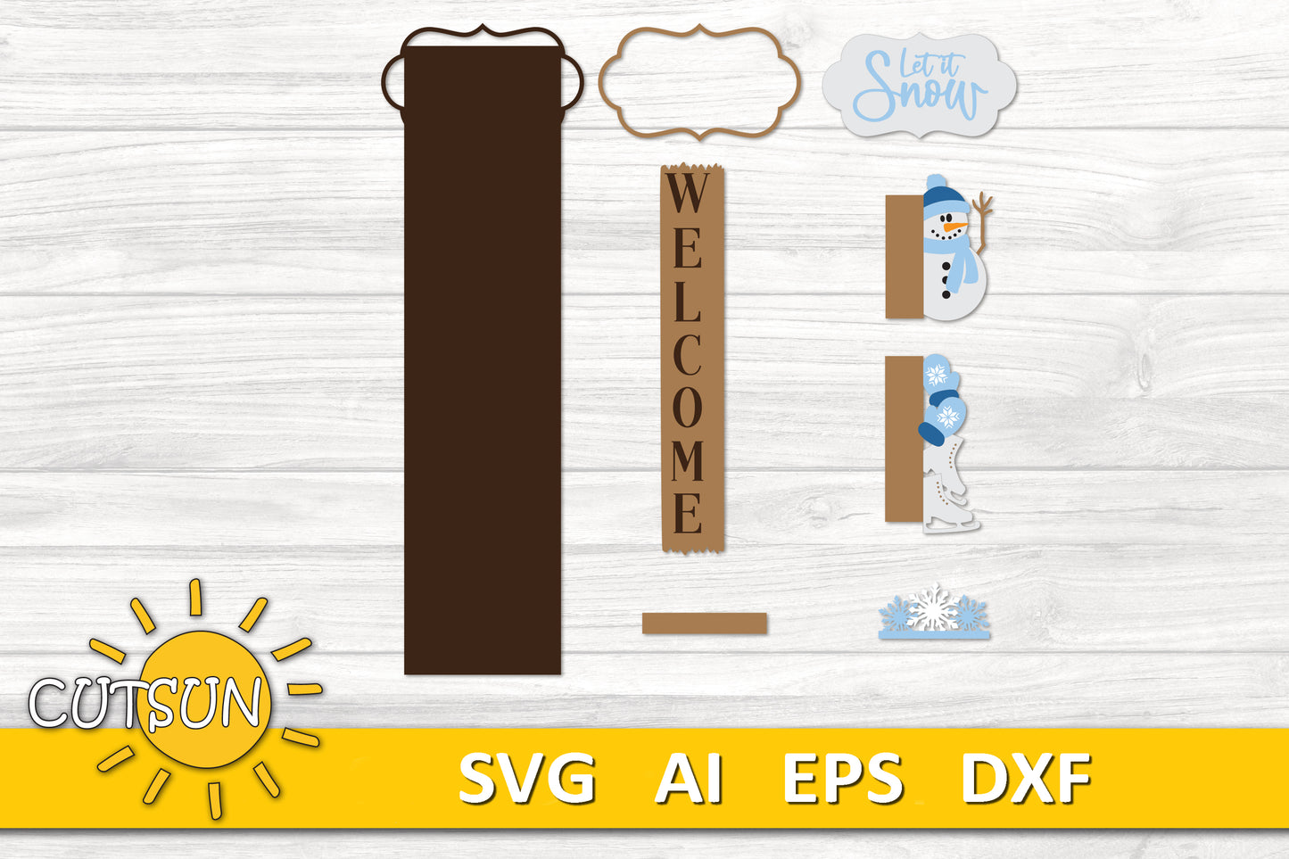 Let It Snow Snowman Porch Sign SVG | Interchangeable Vertical Leaner | Winter Welcome Sign SVG | Snowflake SVG | Laser Cut File