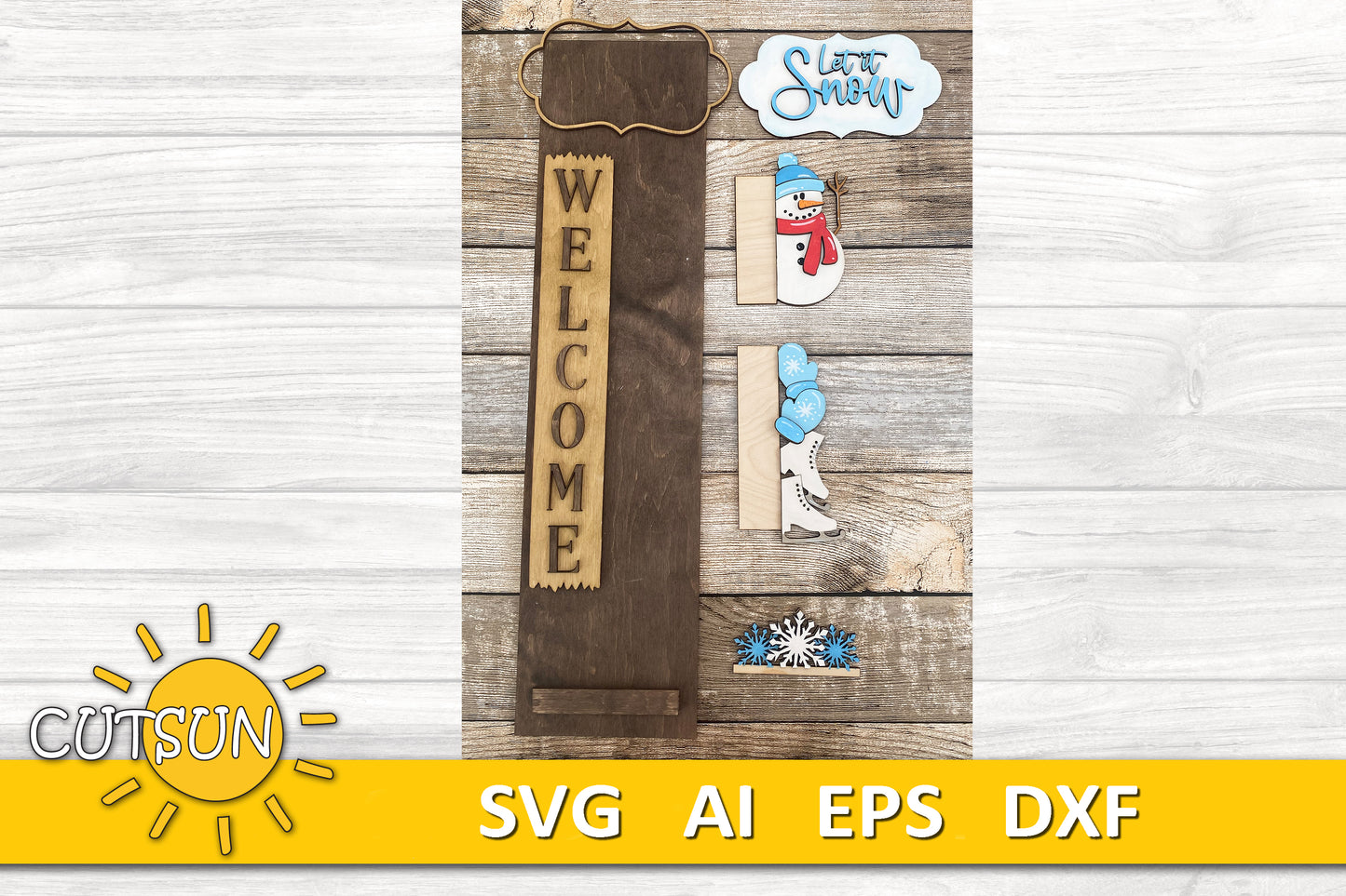 Let It Snow Snowman Porch Sign SVG | Interchangeable Vertical Leaner | Winter Welcome Sign SVG | Snowflake SVG | Laser Cut File