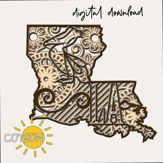 Decorative Louisiana-shaped cutout with intricate patterns on a white background, featuring the brand 'CUTSUN'.