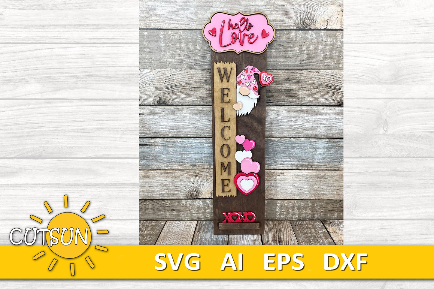 Valentine Porch Sign SVG | Interchangeable Gnome Add-On for Vertical Porch Leaner | Hearts and Love Laser Cut File