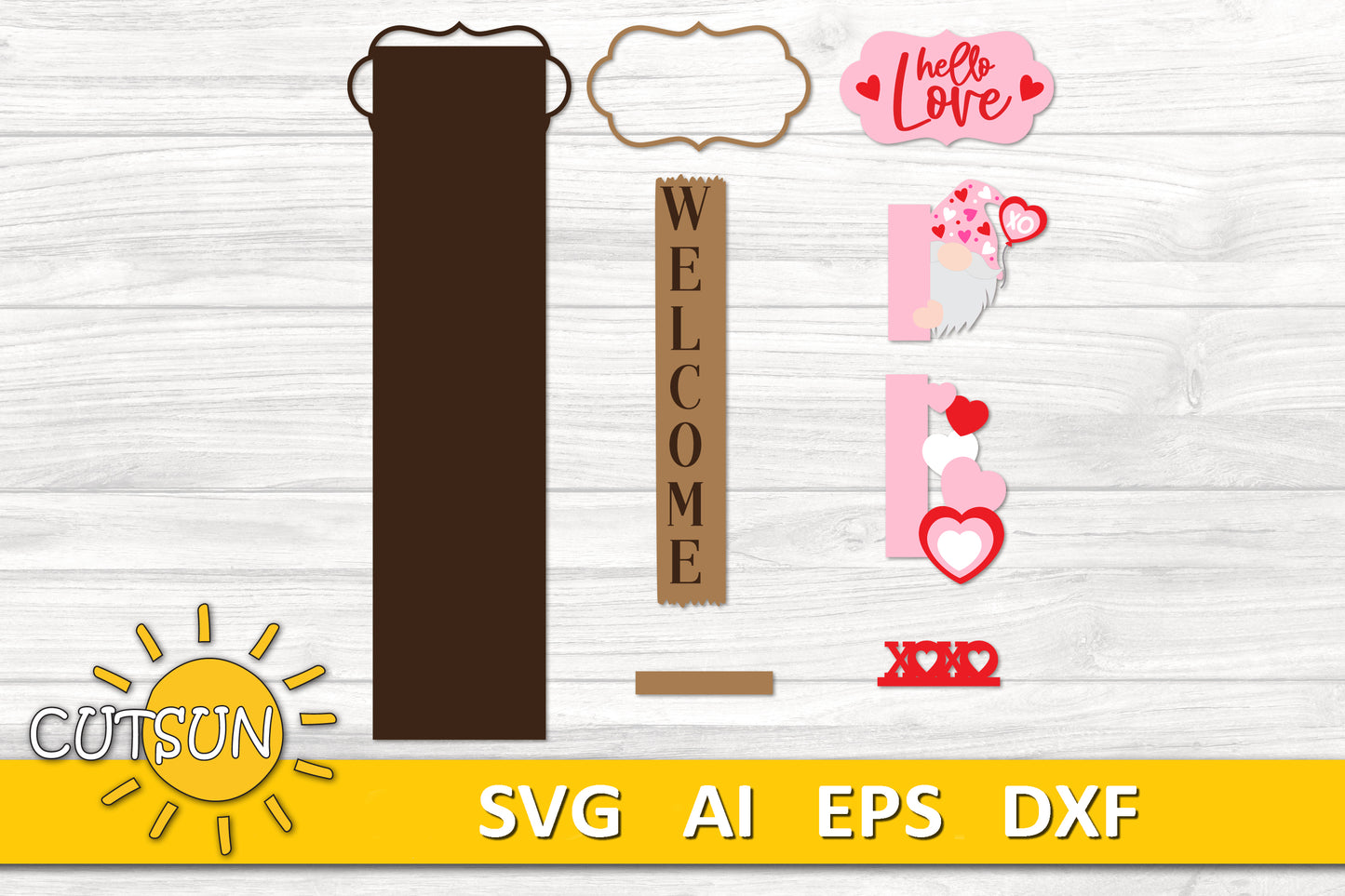 Valentine Porch Sign SVG | Interchangeable Gnome Add-On for Vertical Porch Leaner | Hearts and Love Laser Cut File