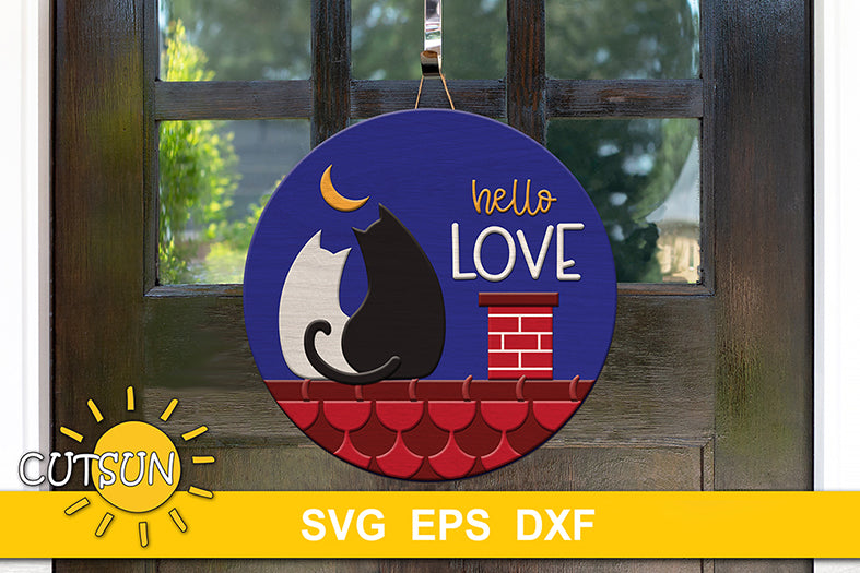 Love cats on the roof Valentine's day door hanger SVG digital download for use with laser cutters