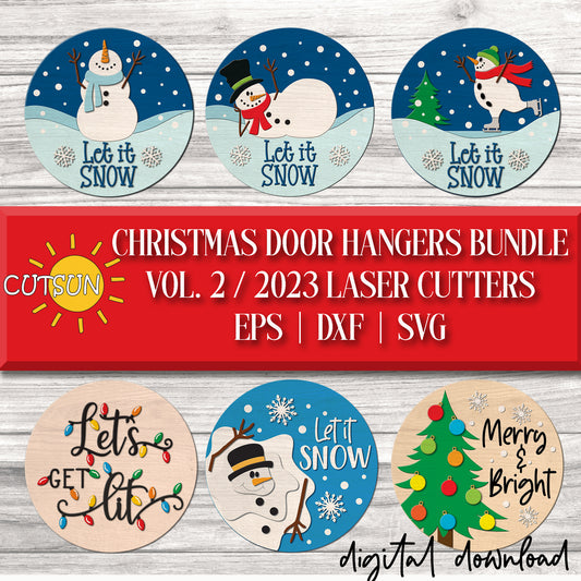 Christmas door hangers bundle with snowmen and winter elements on a wooden background.