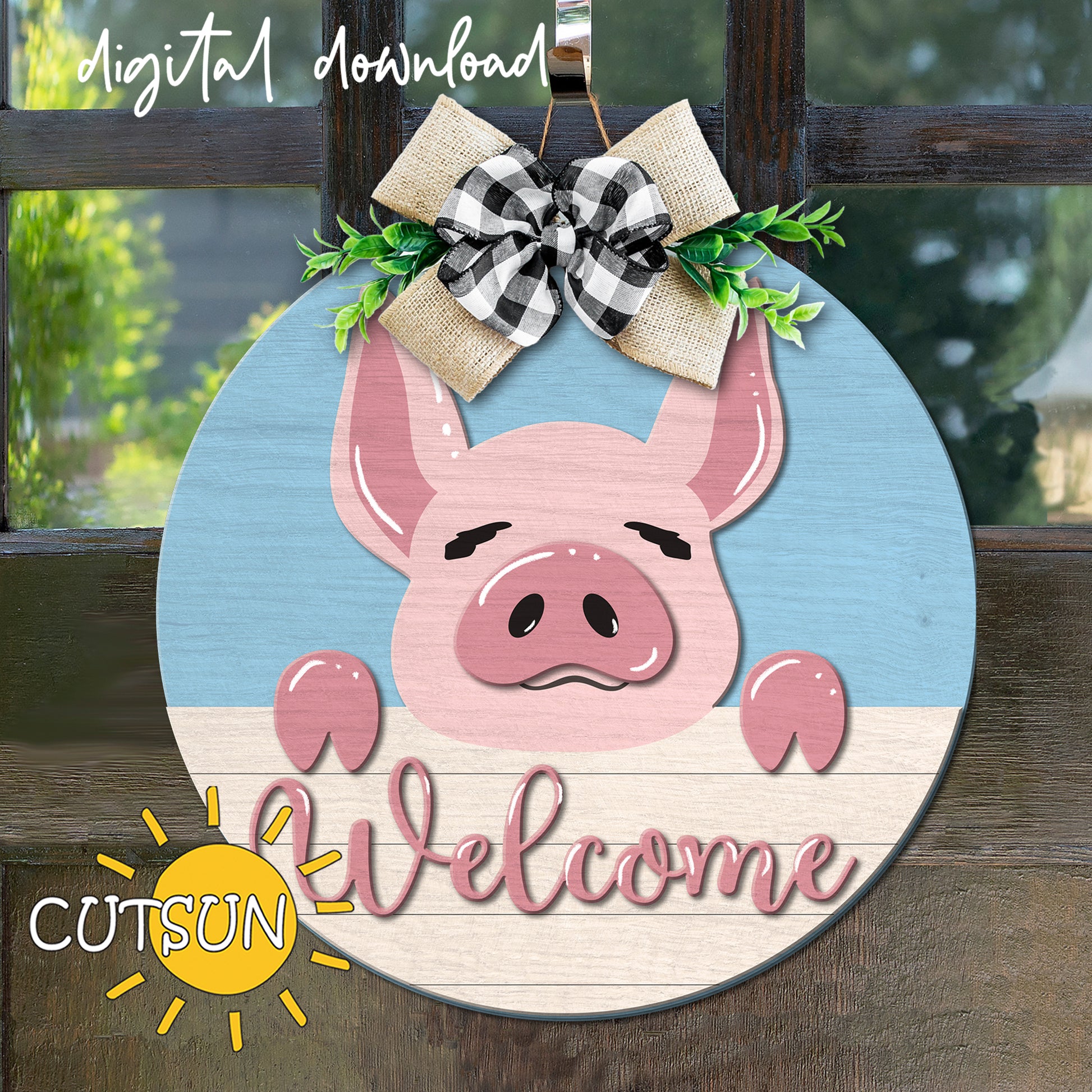 Decorative sign with a pig design and 'Welcome' text, featuring a checkered bow and greenery.