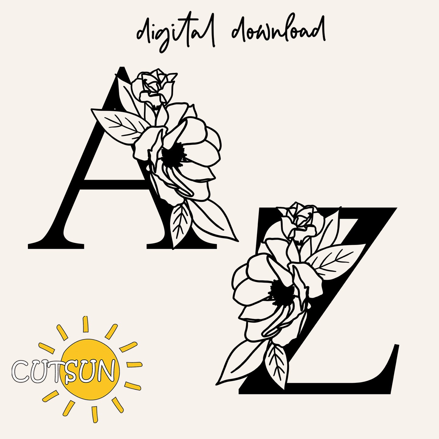 Black floral letters 'A' and 'Z' with a yellow sun logo and 'CUTSUN' text on a light gray background.