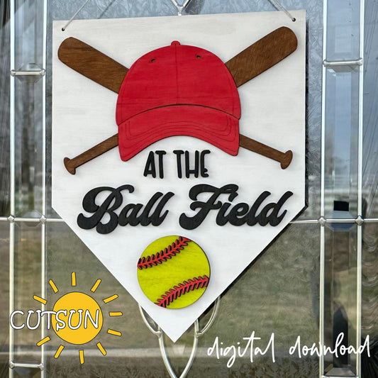 Baseball & Softball Home Plate Door Hanger SVG with cap, bats, and ball – laser cut file for sports-themed décor