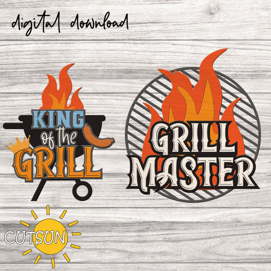 Two graphic designs for 'King of the Grill' and 'Grill Master' on a wooden background with 'CUTSUN' logo.