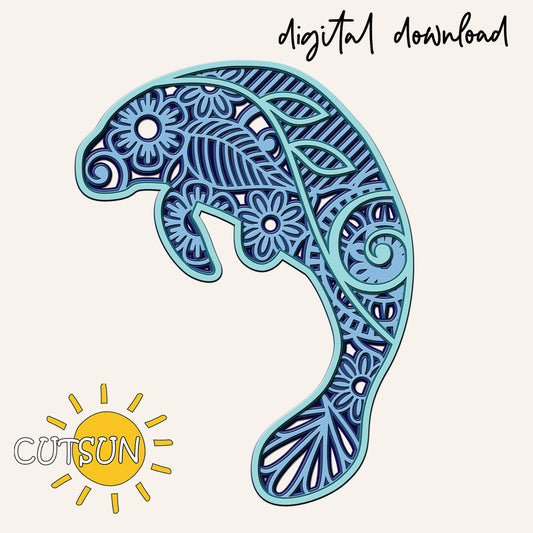 Decorative manatee design with floral patterns on a white background, featuring the Cutsun brand.
