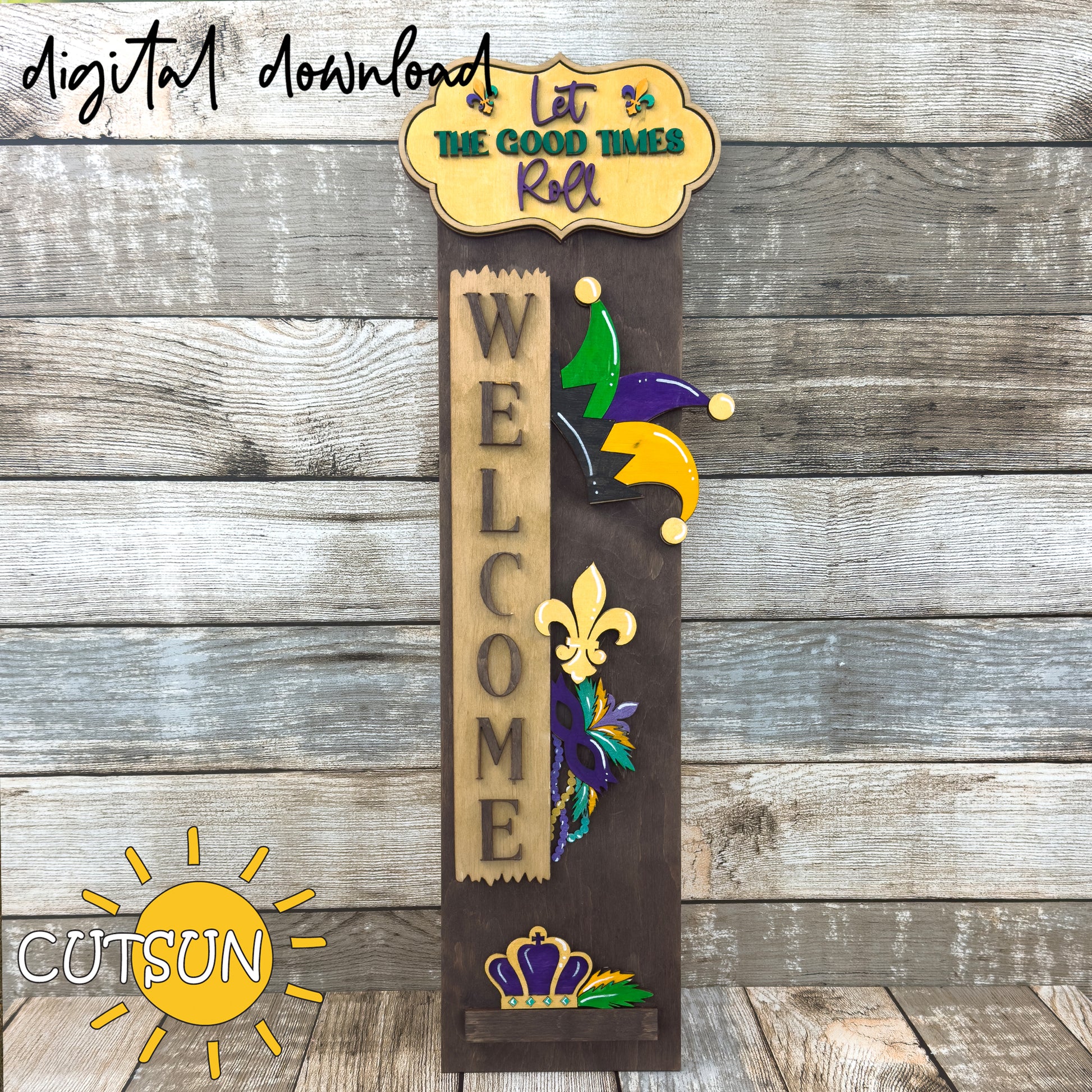 Mardi Gras vertical porch sign SVG add-on with jester hat, mask, and crown – laser cut file for interchangeable leaner sign