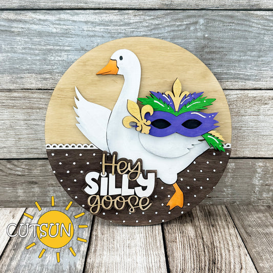 Mardi Gras Add-On for Interchangeable Goose Door Hanger – Carnival mask SVG with feathers and fleur-de-lis, laser cut design in layered wood.