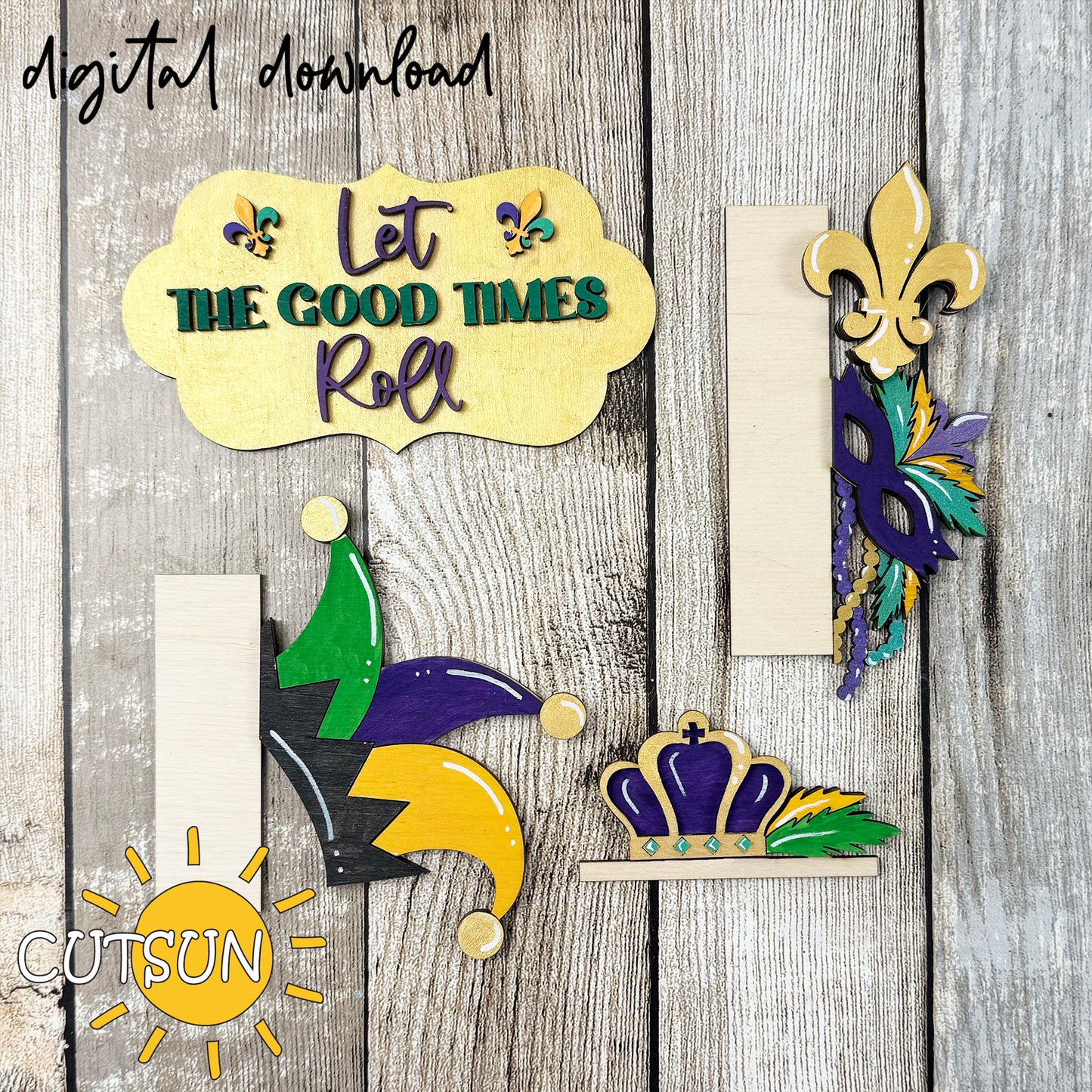 Mardi Gras Porch Sign SVG | Interchangeable Vertical Leaner Add-On | Let the Good Times Roll | Laser Cut File for Carnival Decor | Digital Download