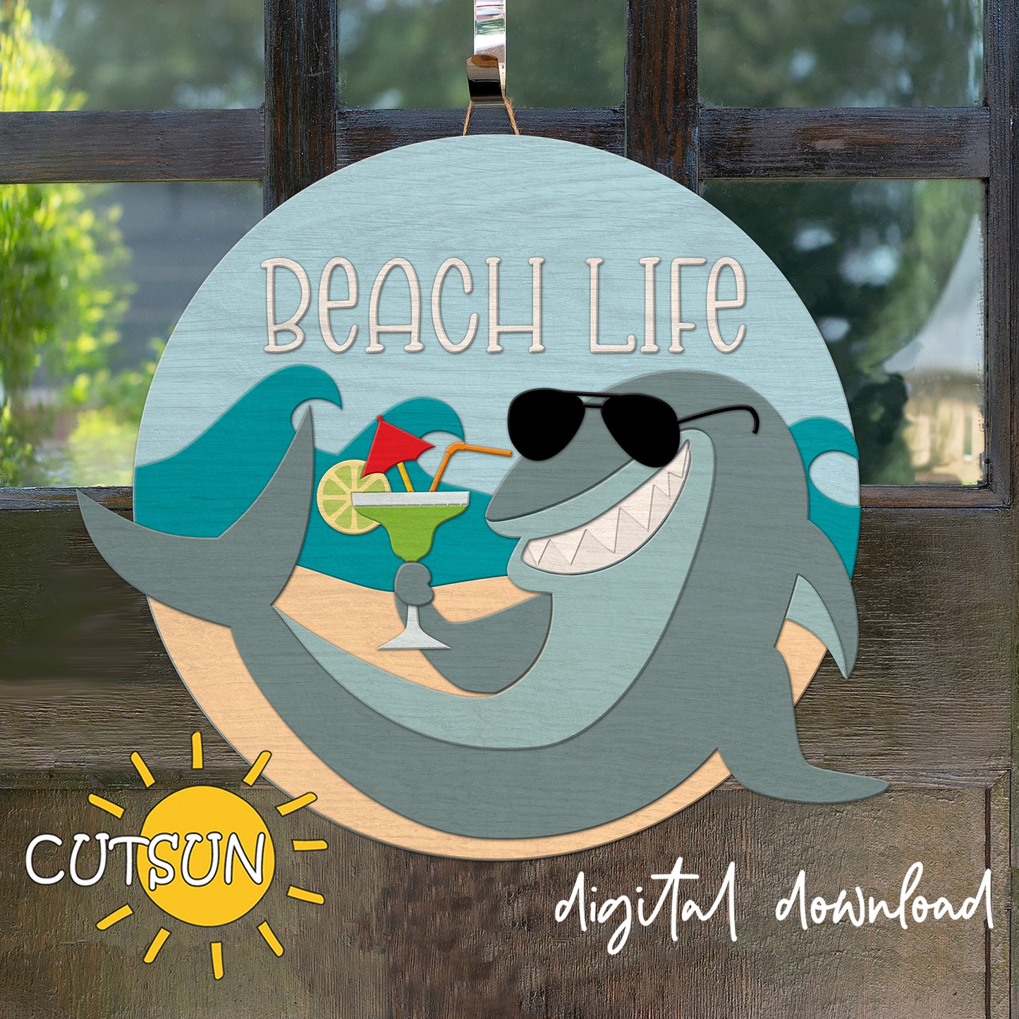 Layered SVG door sign with shark wearing sunglasses holding a margarita, “Beach Life” quote – beach-themed laser cut file