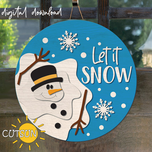 Decorative sign with a snowman design and 'Let it Snow' text on a blue background, featuring the brand 'CUTSUN'.