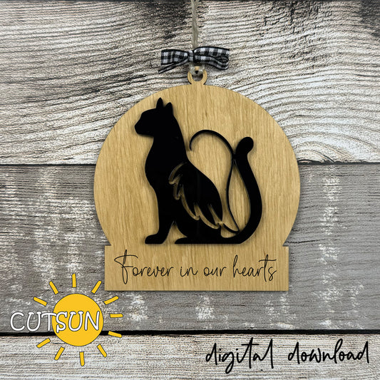 Laser cut cat memorial ornament SVG with angel wings and “Forever in our hearts” text, designed for wood or acrylic.