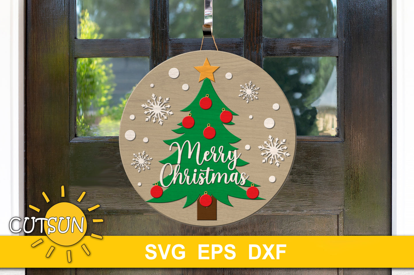 Christmas door hanger featuring a Christmas tree with red baubles and a star topper surrounded by snowflakes and the words Merry Christmas