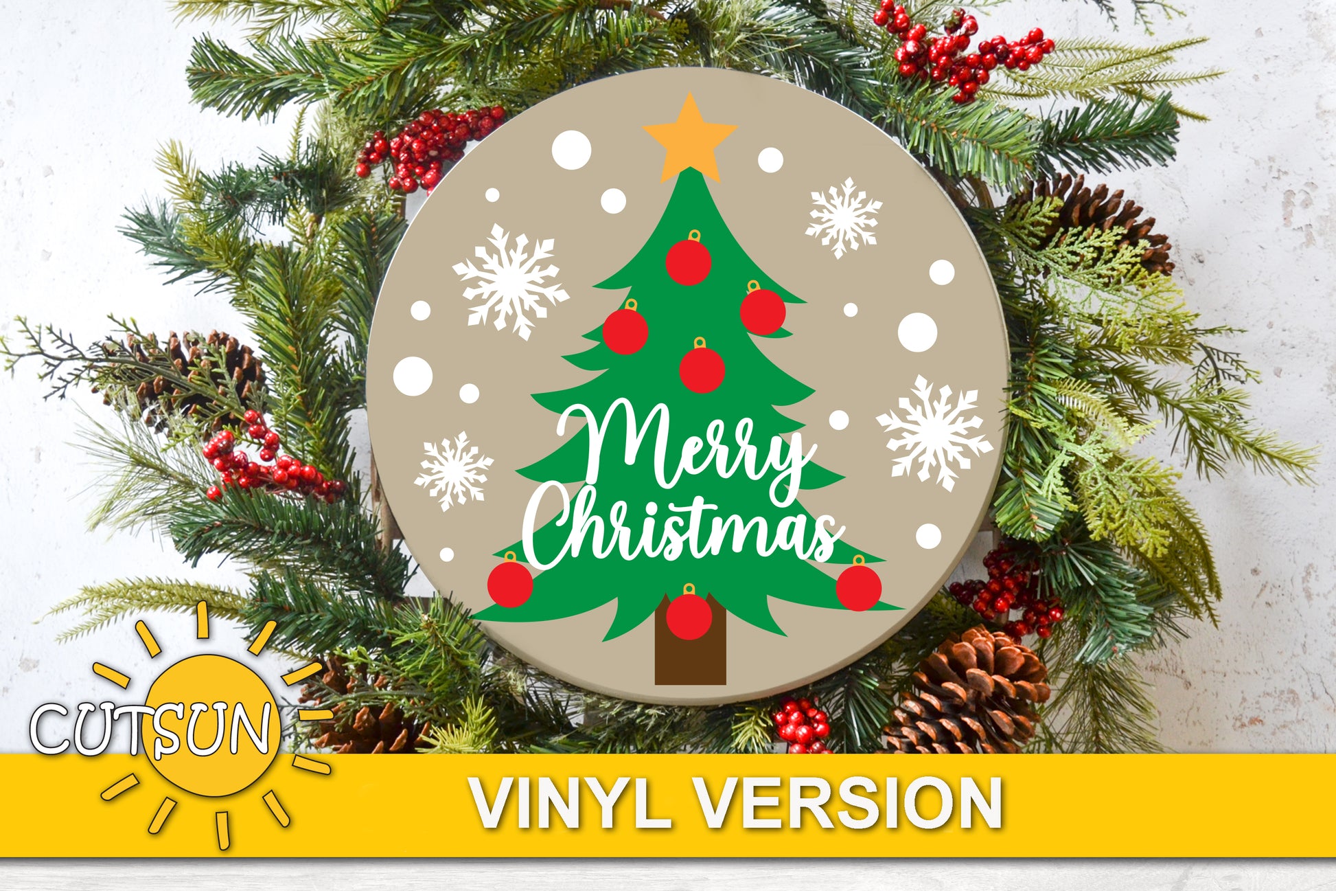 Christmas door hanger featuring a Christmas tree with red baubles and a star topper surrounded by snowflakes and the words Merry Christmas