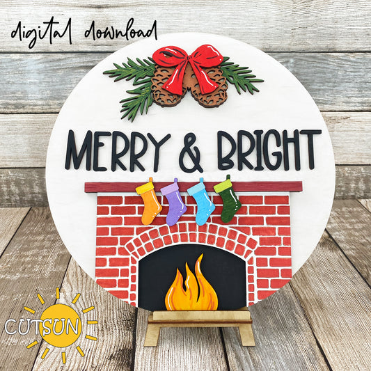 Digital download for a Christmas door hanger featuring pine branches with pine cones and a bow, a fireplace with socks and the text "Merry & bright"
