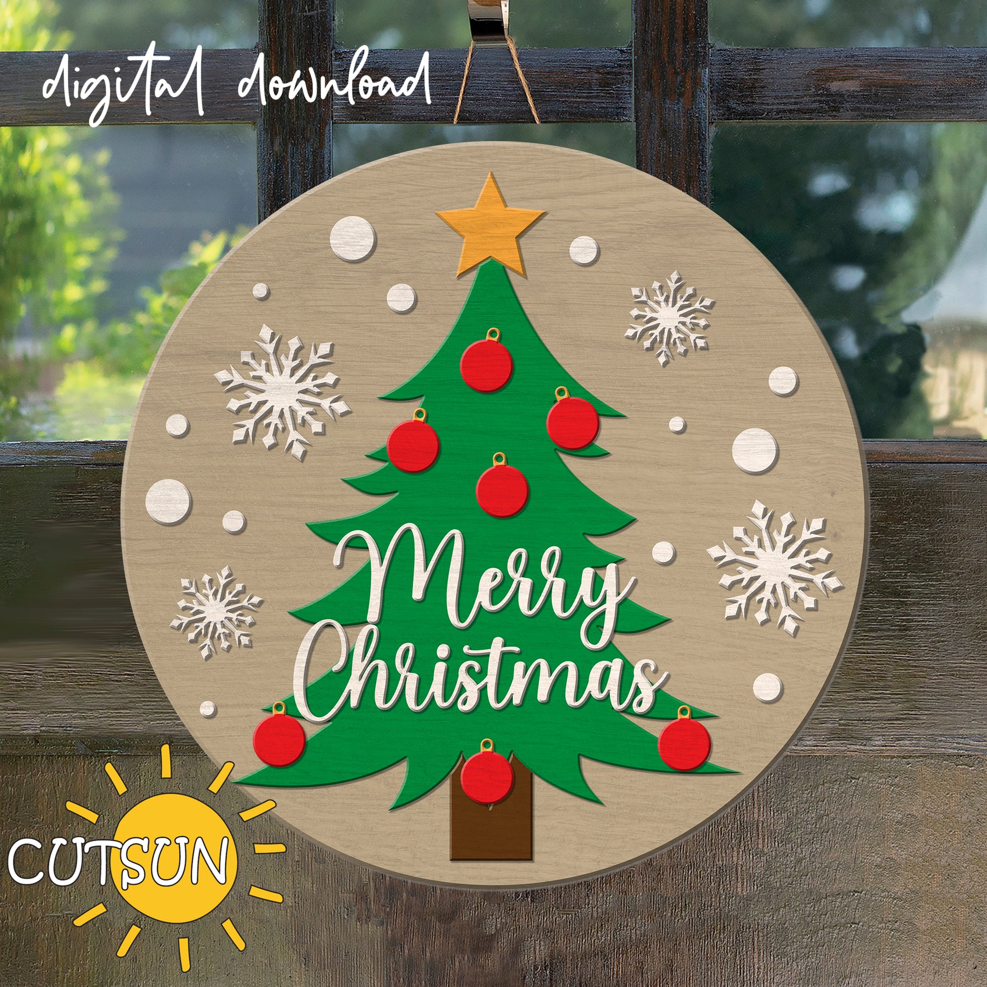 Merry Christmas Door Hanger SVG featuring a classic Christmas tree design – perfect for crafting seasonal winter decor with your laser cutter.