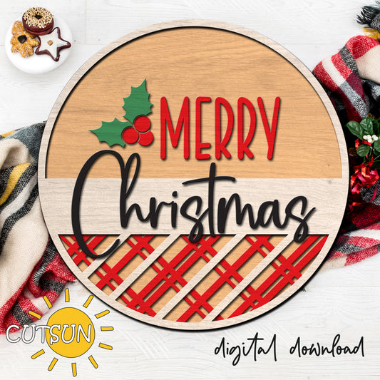 Wooden round sign with 'Merry Christmas' text and holly design, surrounded by Christmas decorations.