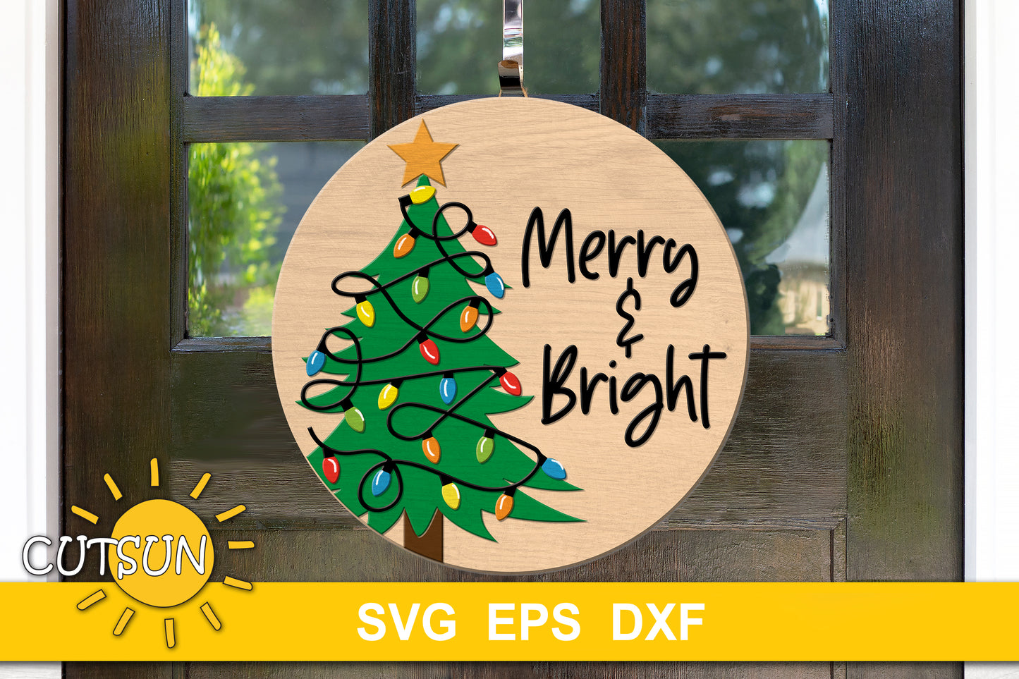 Christmas door hanger SVG file featuring a Christmas tree with Christmas lights and a star topper