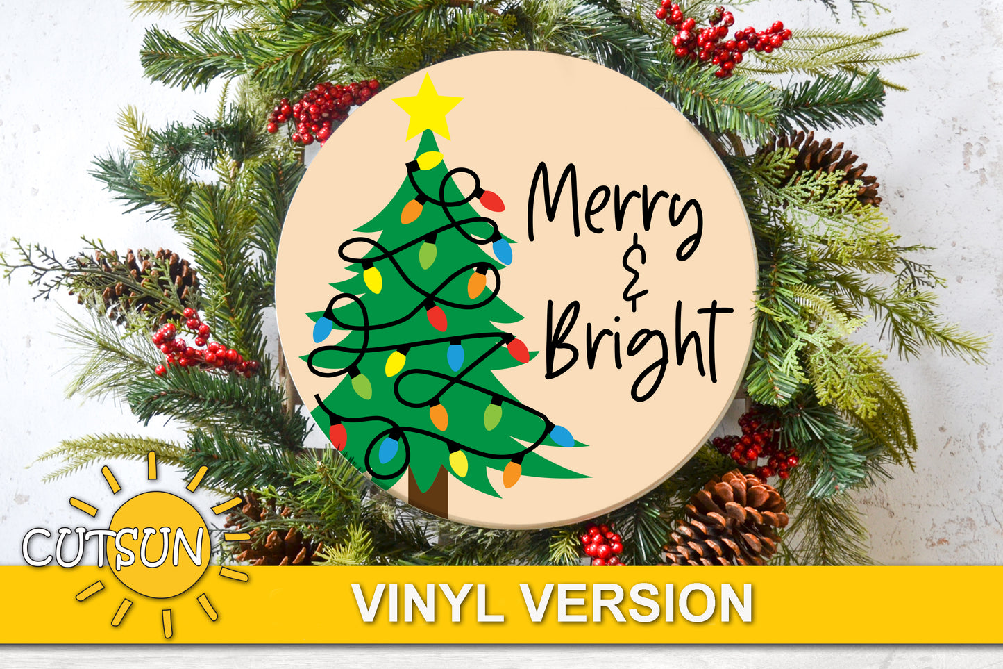 Christmas door hanger SVG file featuring a Christmas tree with Christmas lights and a star topper