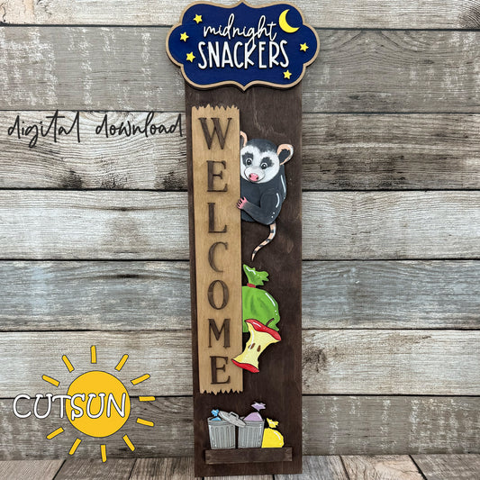 Midnight Snackers add-on SVG for vertical porch leaner with opossum, trash cans, garbage bags and apple cores; layered laser cut file with free WELCOME base.