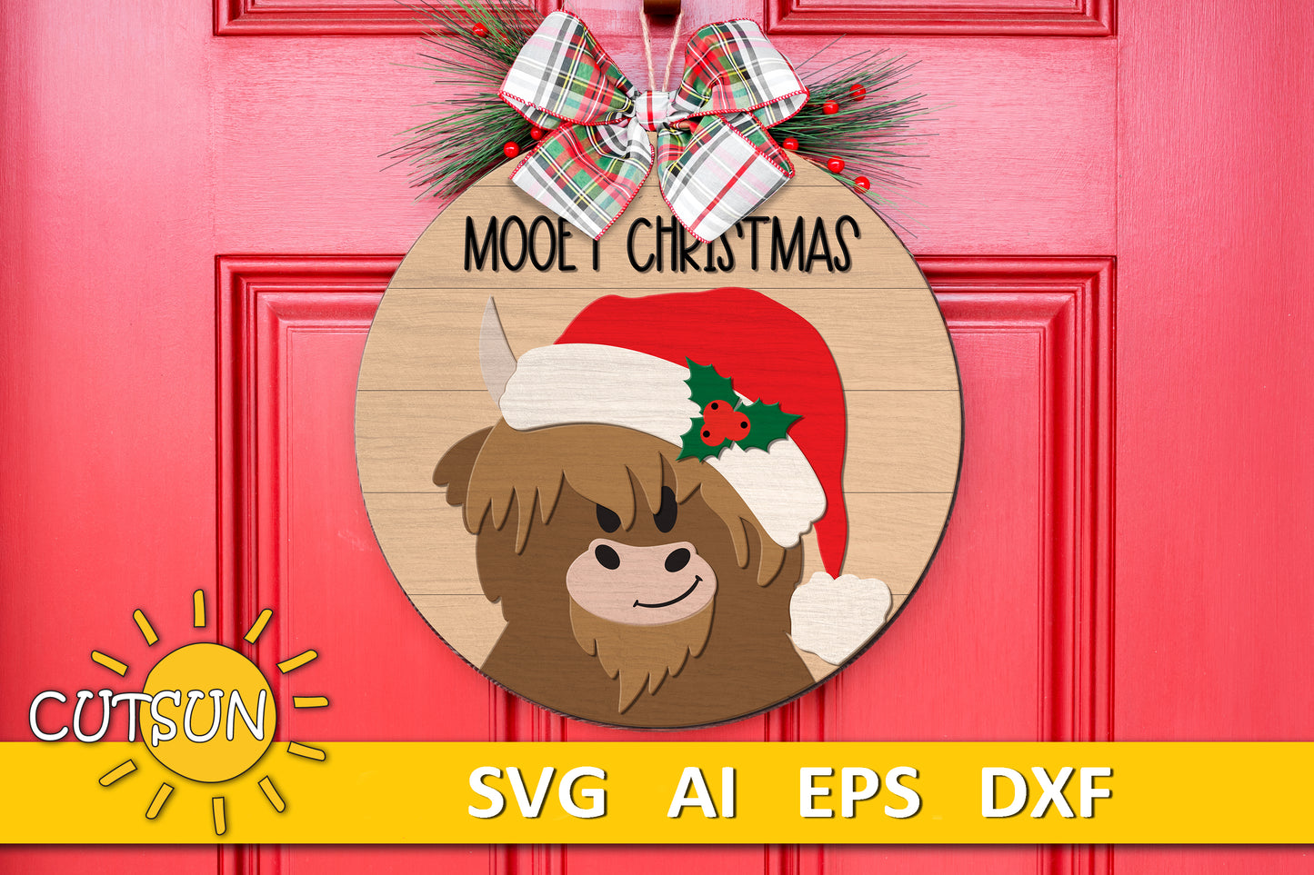 Highland Cow Mooey Christmas door hanger SVG laser cut file