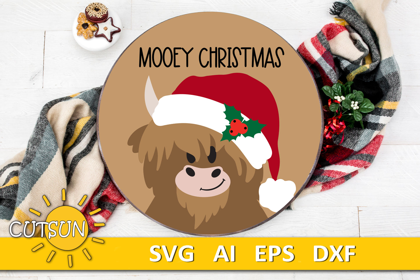 Highland Cow Mooey Christmas door hanger SVG laser cut file