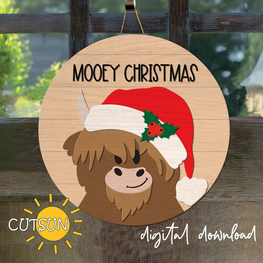 Digital download for a Christmas door hanger featuring a cute Highland cow wearing Santa hat and the text "Mooey Christmas"