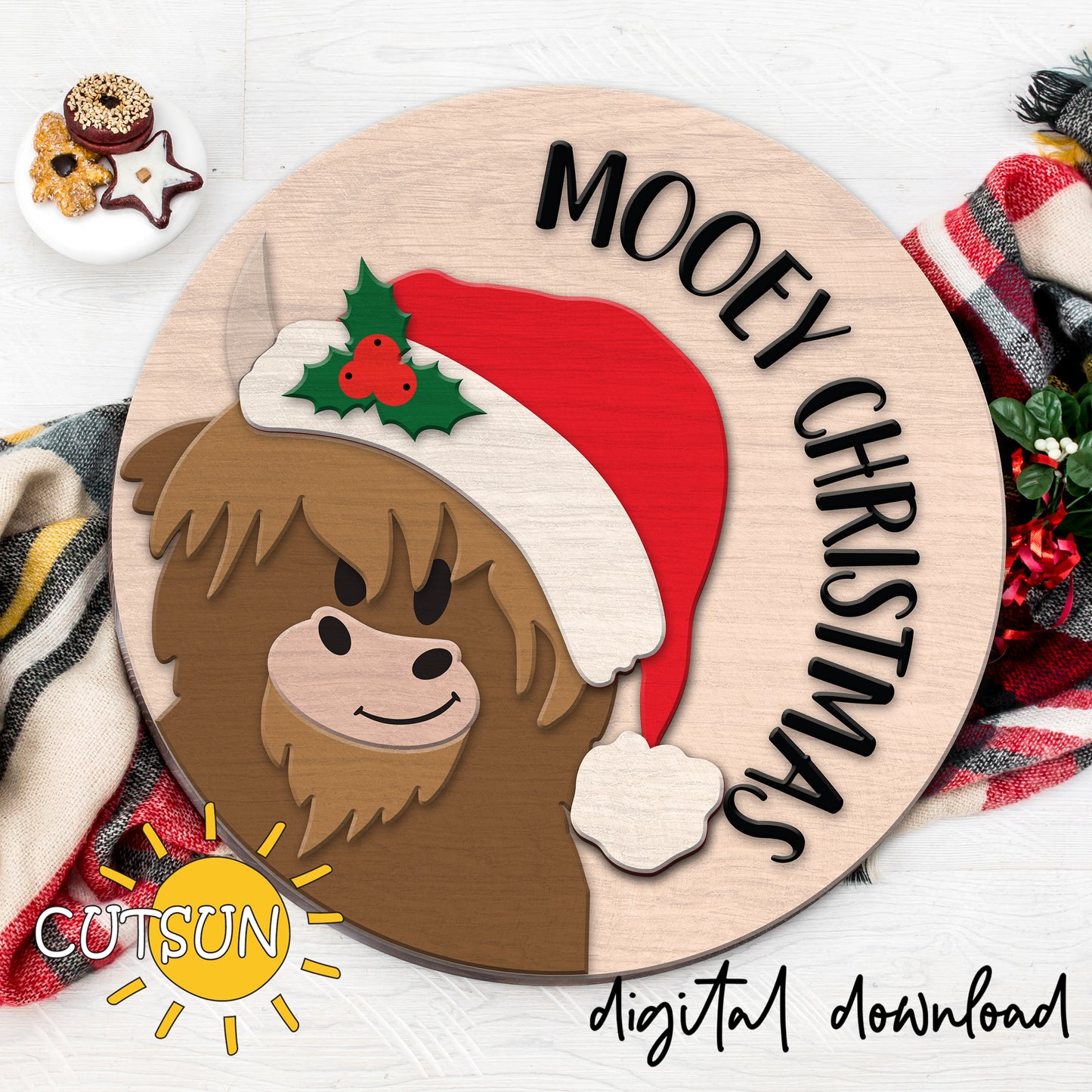 Highland Cow Mooey Christmas door hanger SVG laser cut file
