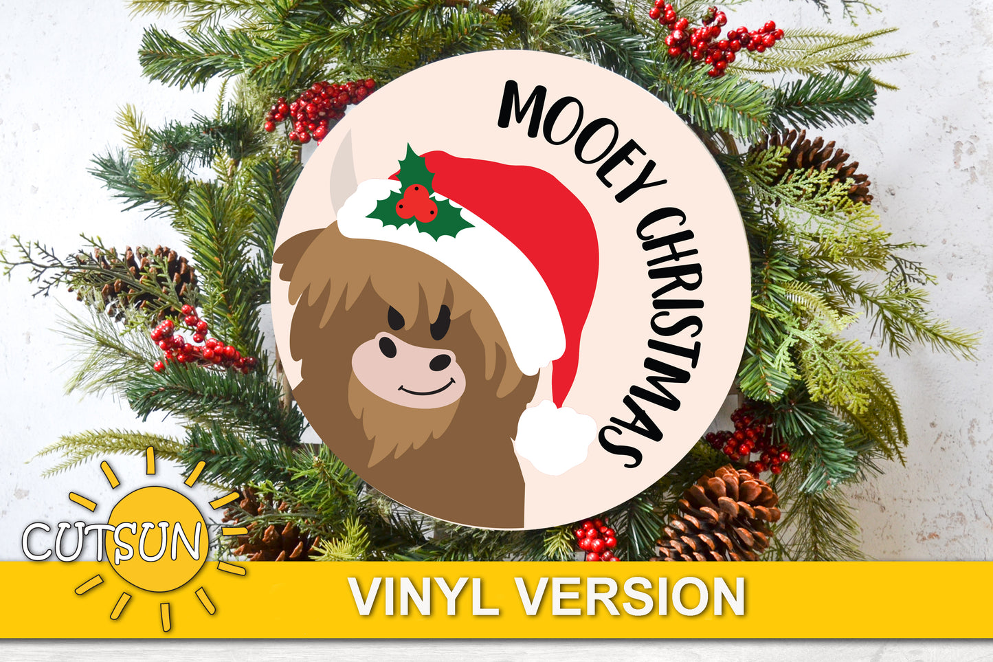 Highland Cow Mooey Christmas door hanger SVG laser cut file