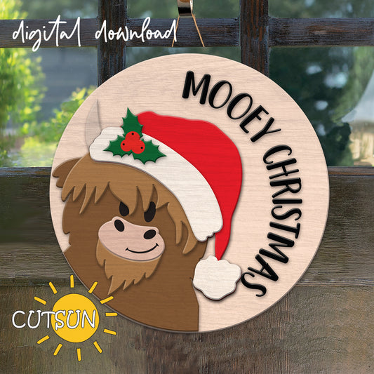 A digital door hanger featuring a cartoon highland cow wearing a Santa hat with the text 'MooEY Christmas' and a sun motif.