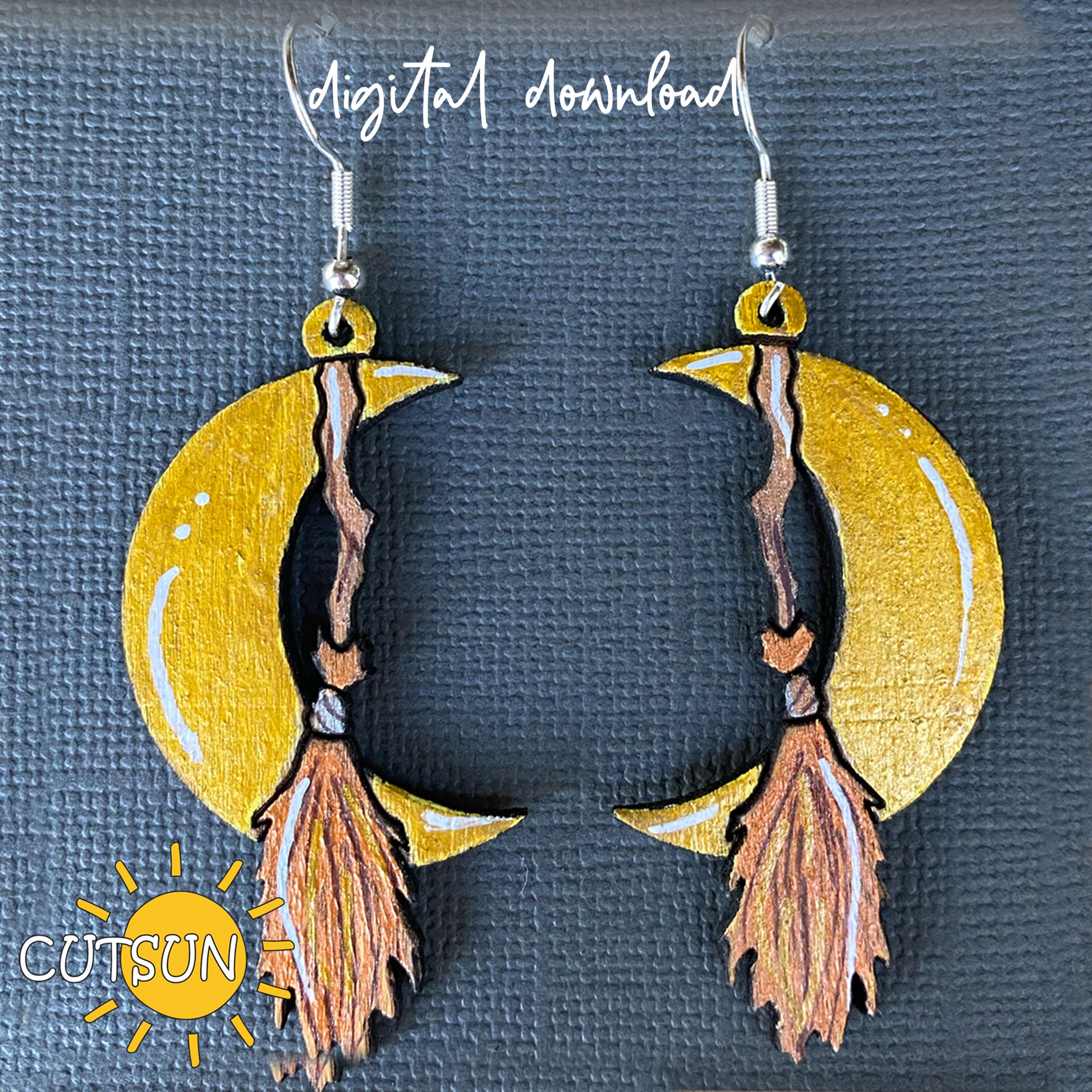 Digital download for laser cut earrings featuring a crescent and a broom