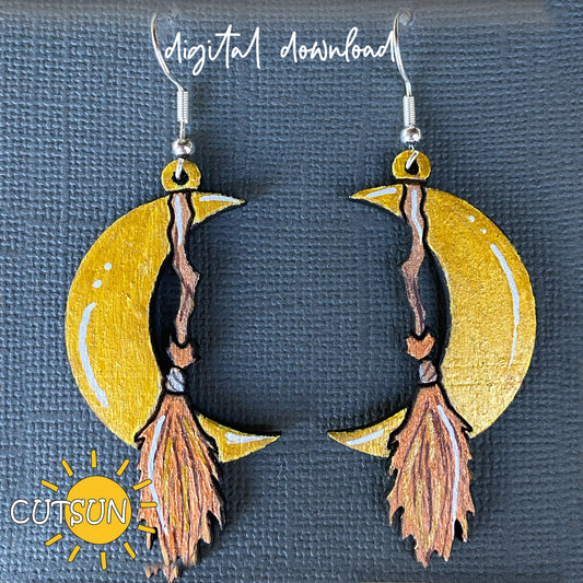 Digital download for laser cut earrings featuring a crescent and a broom