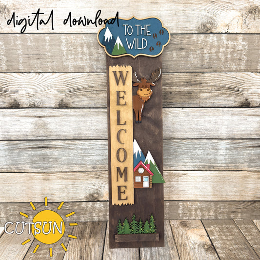 Rustic moose porch sign SVG with Cabin Life topper, pine trees, and silhouette moose – digital file for laser cutting with vertical leaner base.