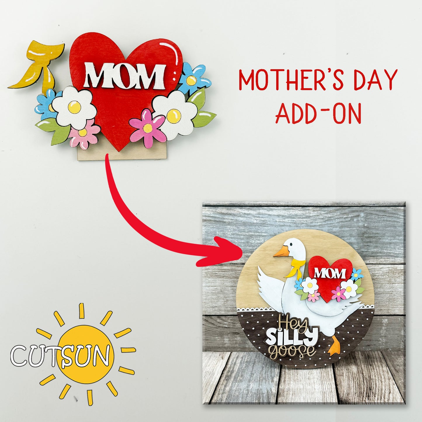 Mother’s Day Add-On for Interchangeable Goose Door Hanger | Mom Heart & Flowers SVG | Laser Cut File