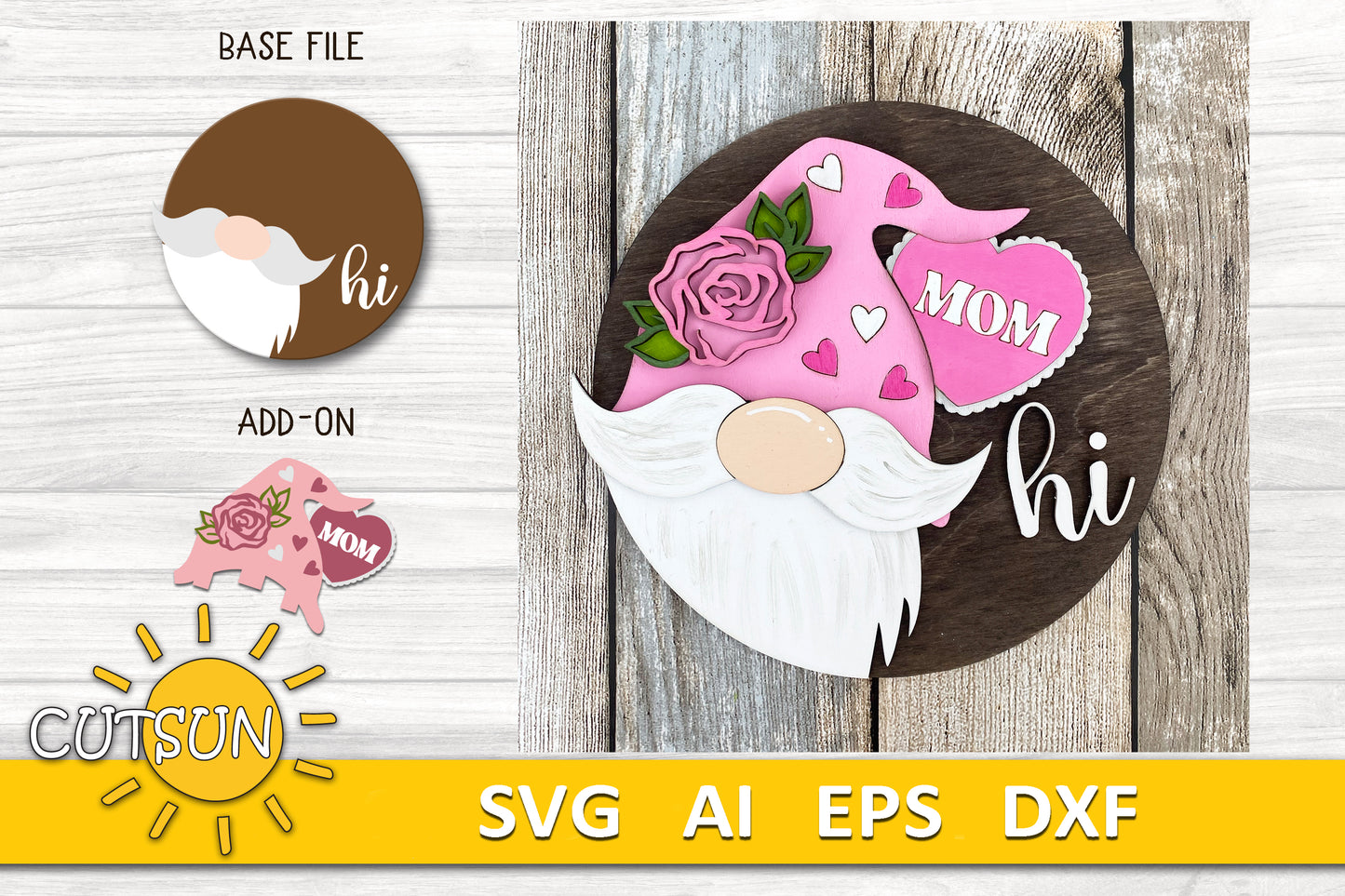 Interchangeable Round Gnome door hanger SVG Mother's day Gnome svg Add-on Gnome Hi Door hanger svg Glowforge SVG Laser cut file
