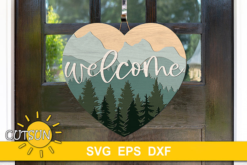 Mountains heart door hanger with the word Welcome on top for use with laser cutters - SVG digital download