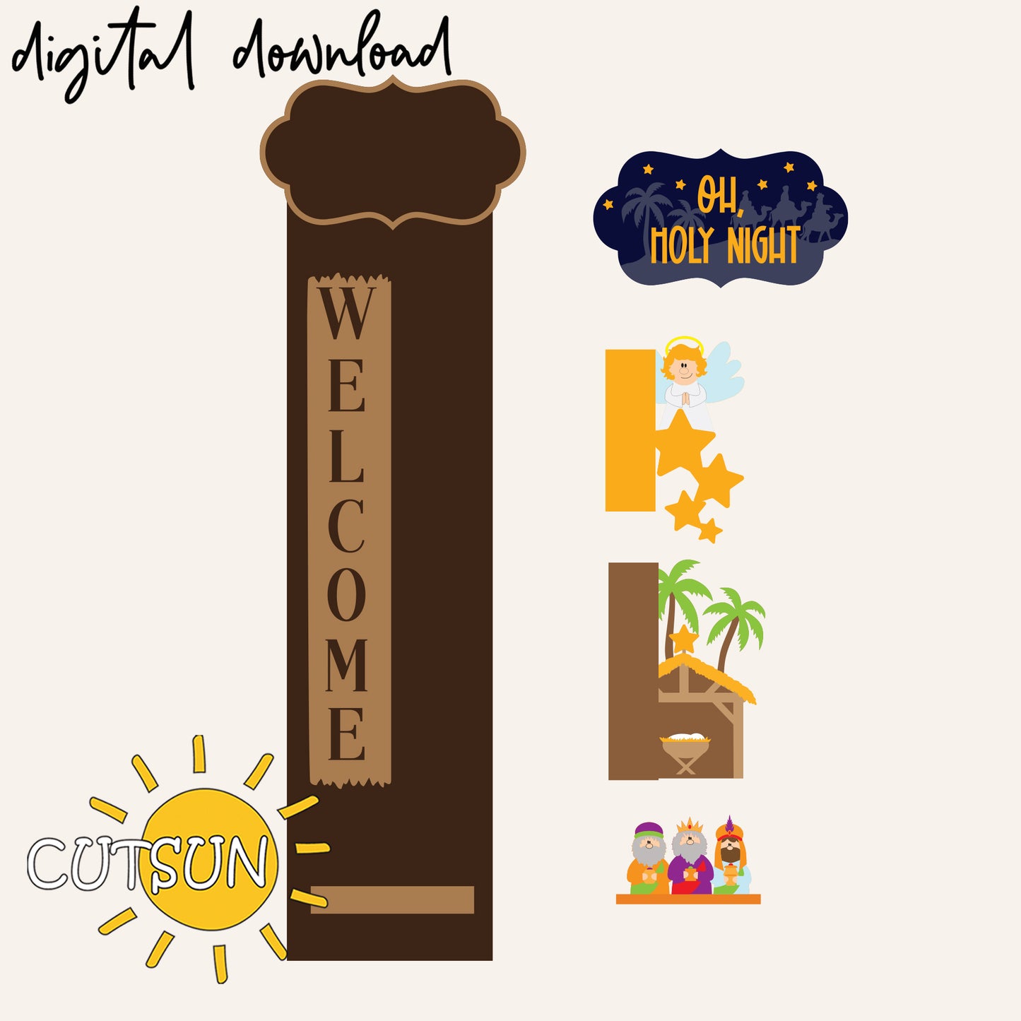 Nativity Porch Sign SVG | Interchangeable Vertical Leaner Christmas Add-On | Laser Cut File