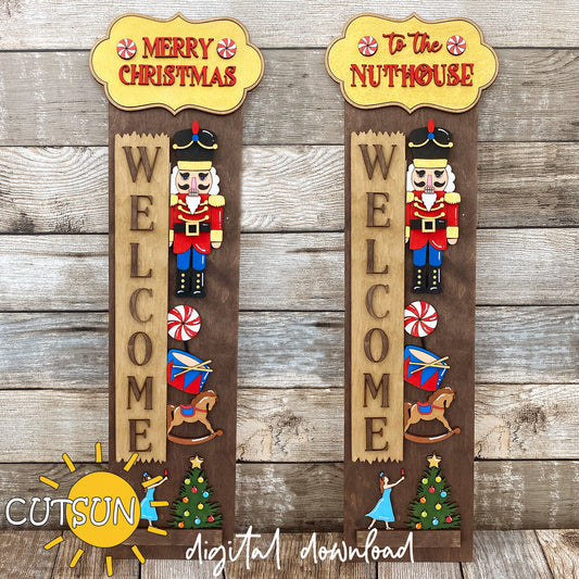 Nutcracker porch sign SVG with ballerina, Merry Christmas plaque, rocking horse, tree, and toy drum – laser cut file with interchangeable leaner base
