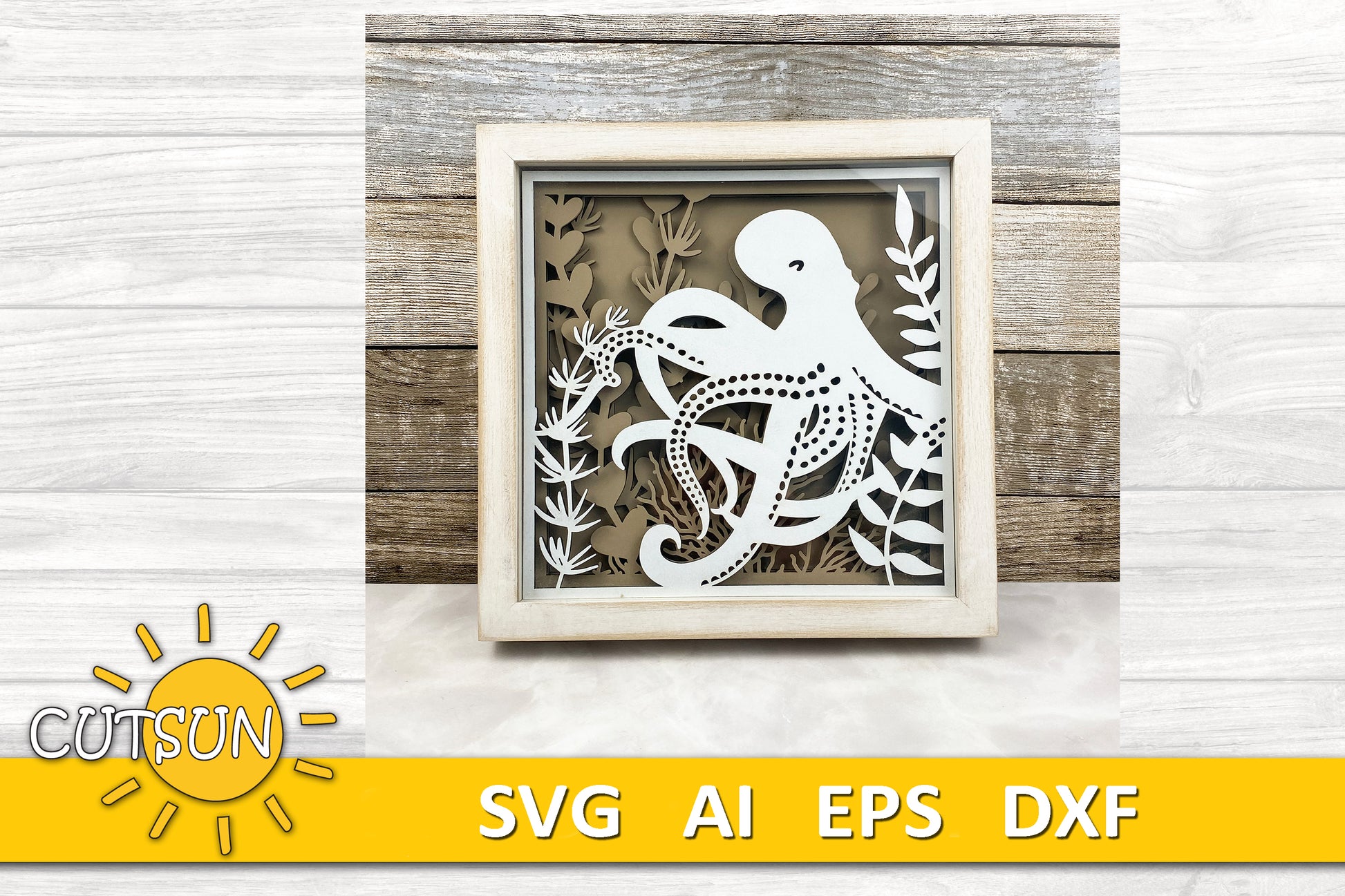 Layered octopus shadow box SVG with coral reef and sea plants – laser cut file for Glowforge and xTool