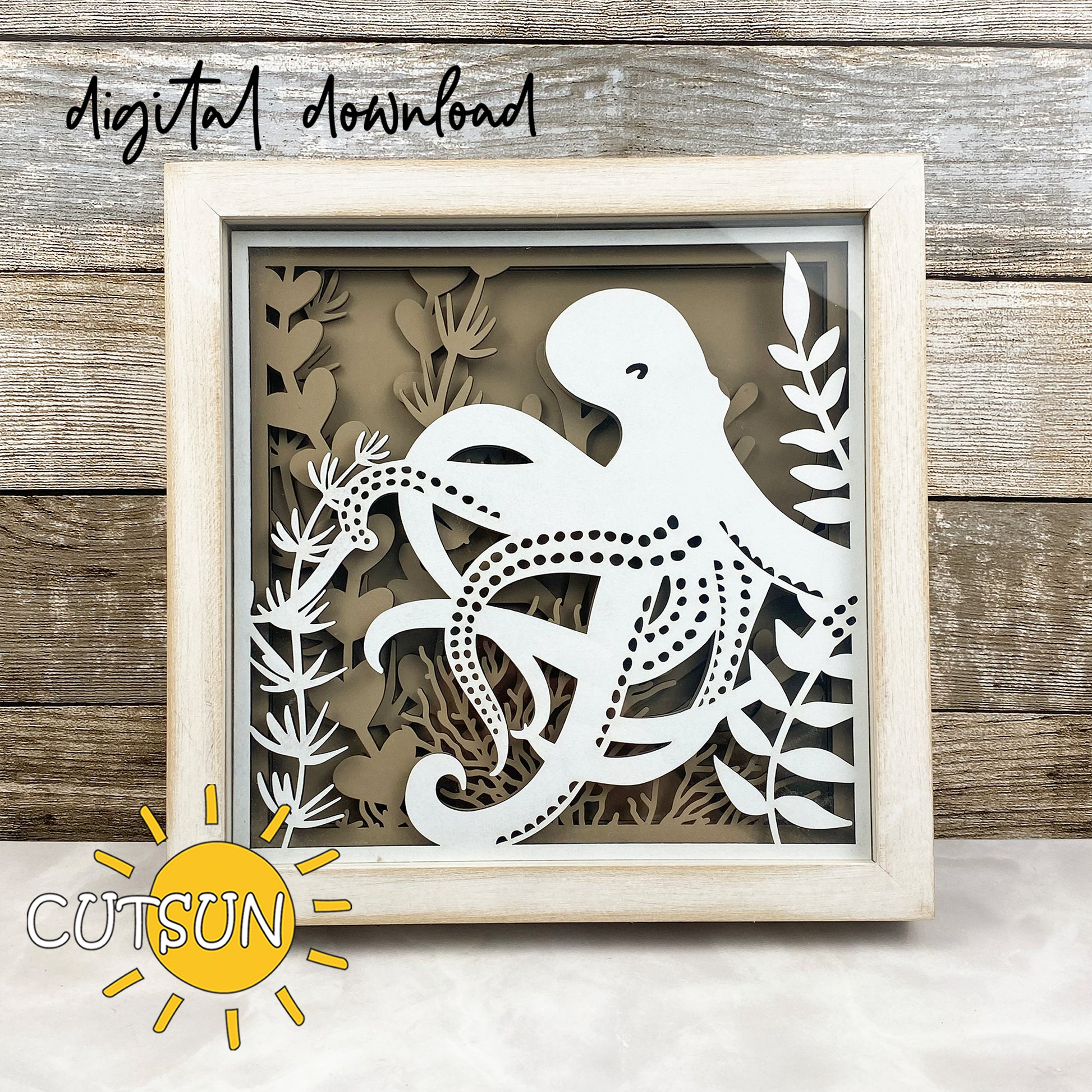 Layered octopus shadow box SVG with coral reef and sea plants – laser cut file for Glowforge and xTool