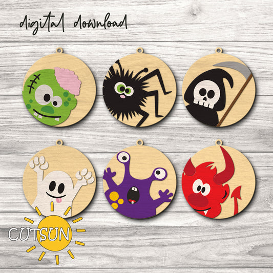 A set of eight digital downloadable Halloween ornaments with various spooky characters including a zombie, spider, grim reaper, ghost, adorable monster, and a devil.