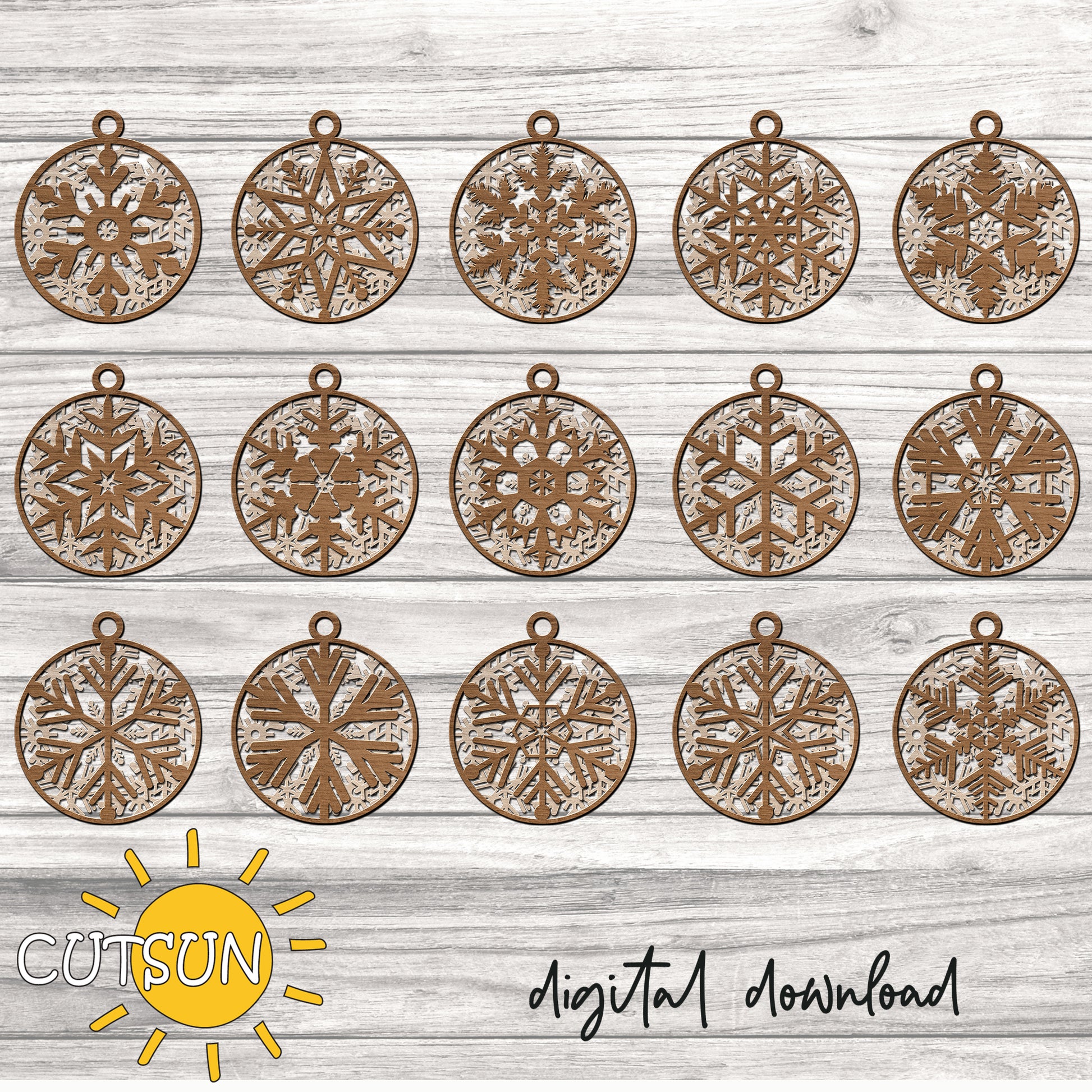Set of snowflake-shaped cutout designs on a wooden surface with 'CUTSUN' branding.